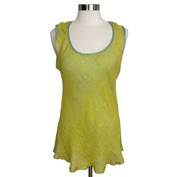 FLAX Jeanne Engelhart MEDIUM 100% Linen Yellow Blue Sleeveless Tunic Tank Top - Picture 1 of 6